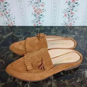 Jolimall Tan Faux Suede Tassel Pointed Toe Slides Mules Size 8 Boho Lagenlook